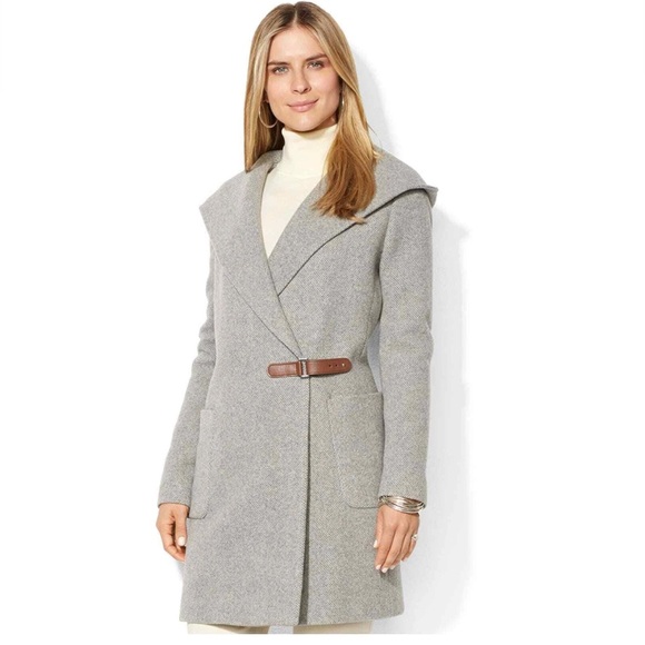 Lauren Ralph Lauren Jackets & Blazers - Ralph Lauren Hooded Herringbone Wool Cashmere Blend Wrap Coat Sz 10 $395